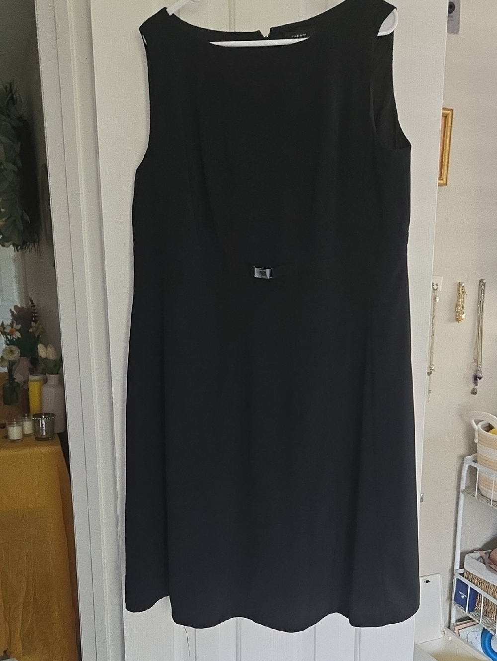 Tahari Black Sleeveless Midi Dress with Waist Bow Detail